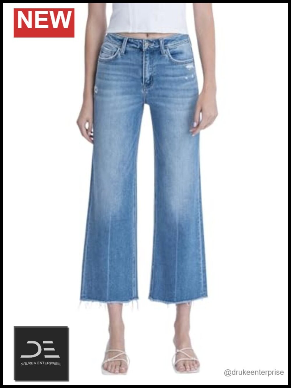 High Rise Slim Wide Leg Cropped Jeans Raw Hem Stretch Denim